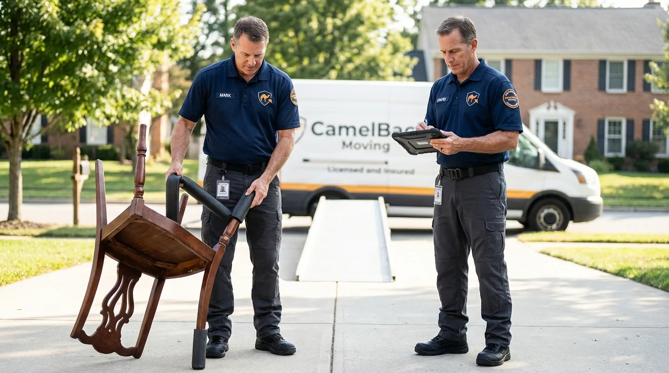 Movers inspecting furniture for damage prevention before loading in Blairsville, PA
