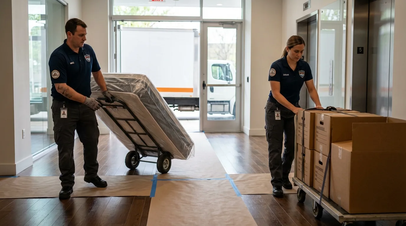 Professional apartment movers loading elevator in Blairsville, PA