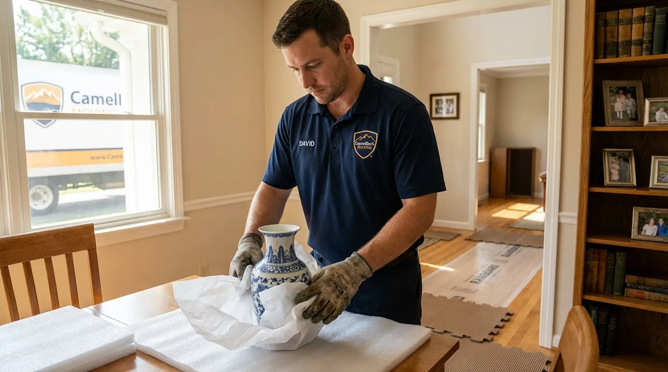 Professional crew carefully wrapping antique vase for senior downsizing move in Blairsville, PA